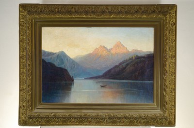 26768307k - Rou (or similar), Swiss painter of the 19th century, view probably of Lake Zurich, romanticizing representation in afterglow, signed lower left in red, oil/canvas, 55x80 cm, wide pomp frame 88x111 cm