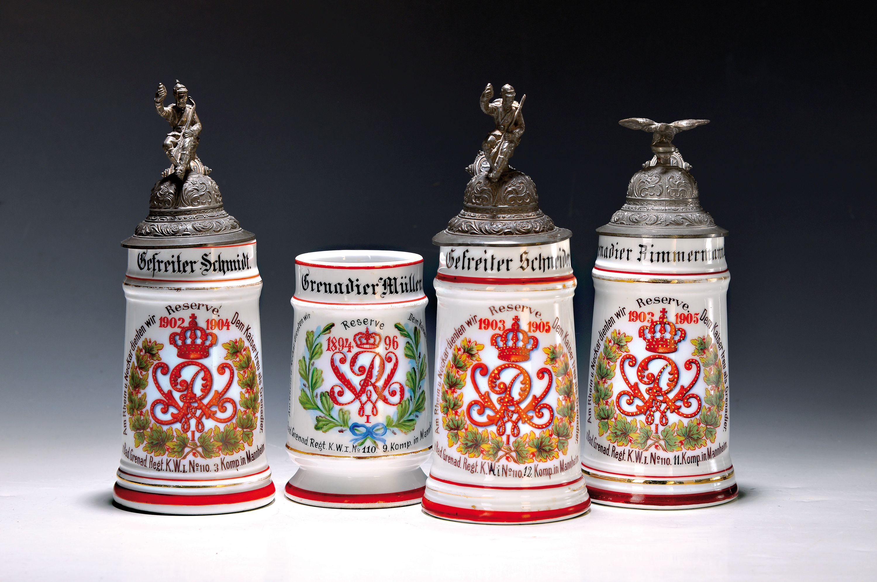 4 Reservistenkrüge, II. Badisches Grenadier- Regiment kaiser Wilhelm I. Mannheim, 1894-1905, Dienstzeiten: 2x 1903-04, 1x 1903-05 1x 1894-96, ...