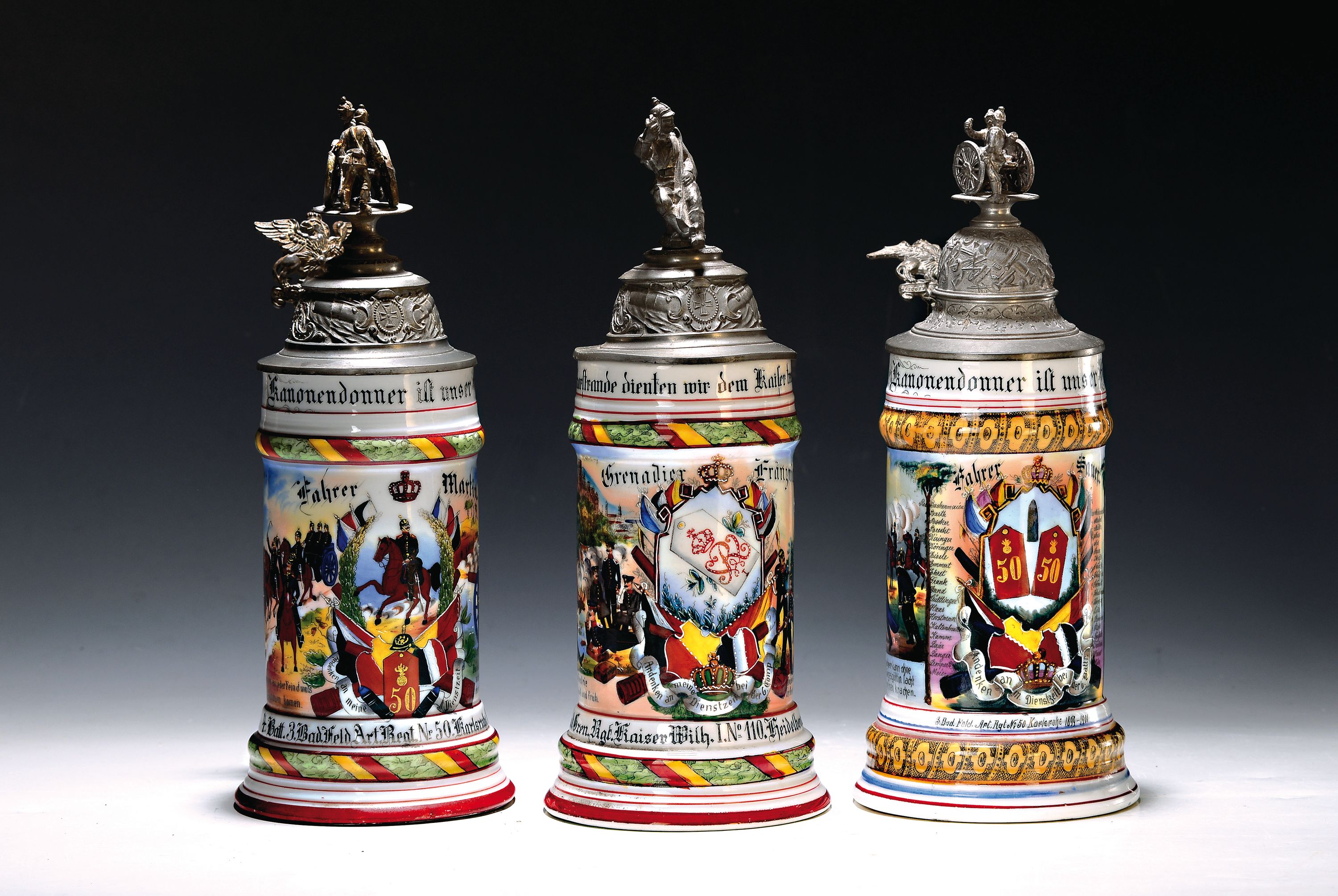 3 Reservistenkrüge, 2x Badisches Feld -Artillerie-Regiment Nr. 50 Karlsruhe, 1899-1905, Zinndeckelbekrönung verändert/ergänzt und Badisches ...