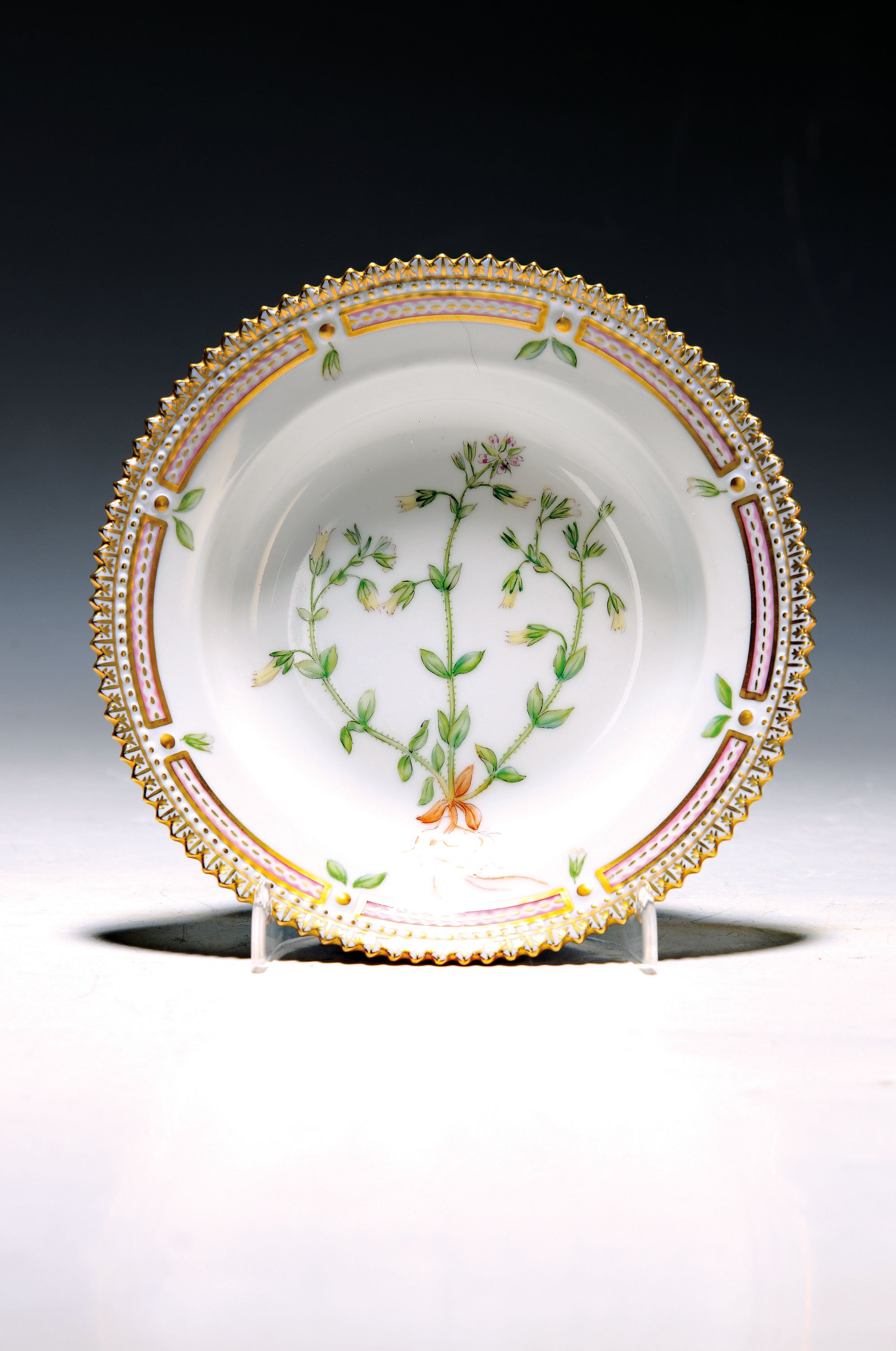 Kleiner Beilagenteller, Kgl. Kopenhagen, Serie Flora Danica, Porzellan, Goldkantenrand, bunte bemalt mit Cerastium glutinorum, H. ca. 3cm, D. ca. ...