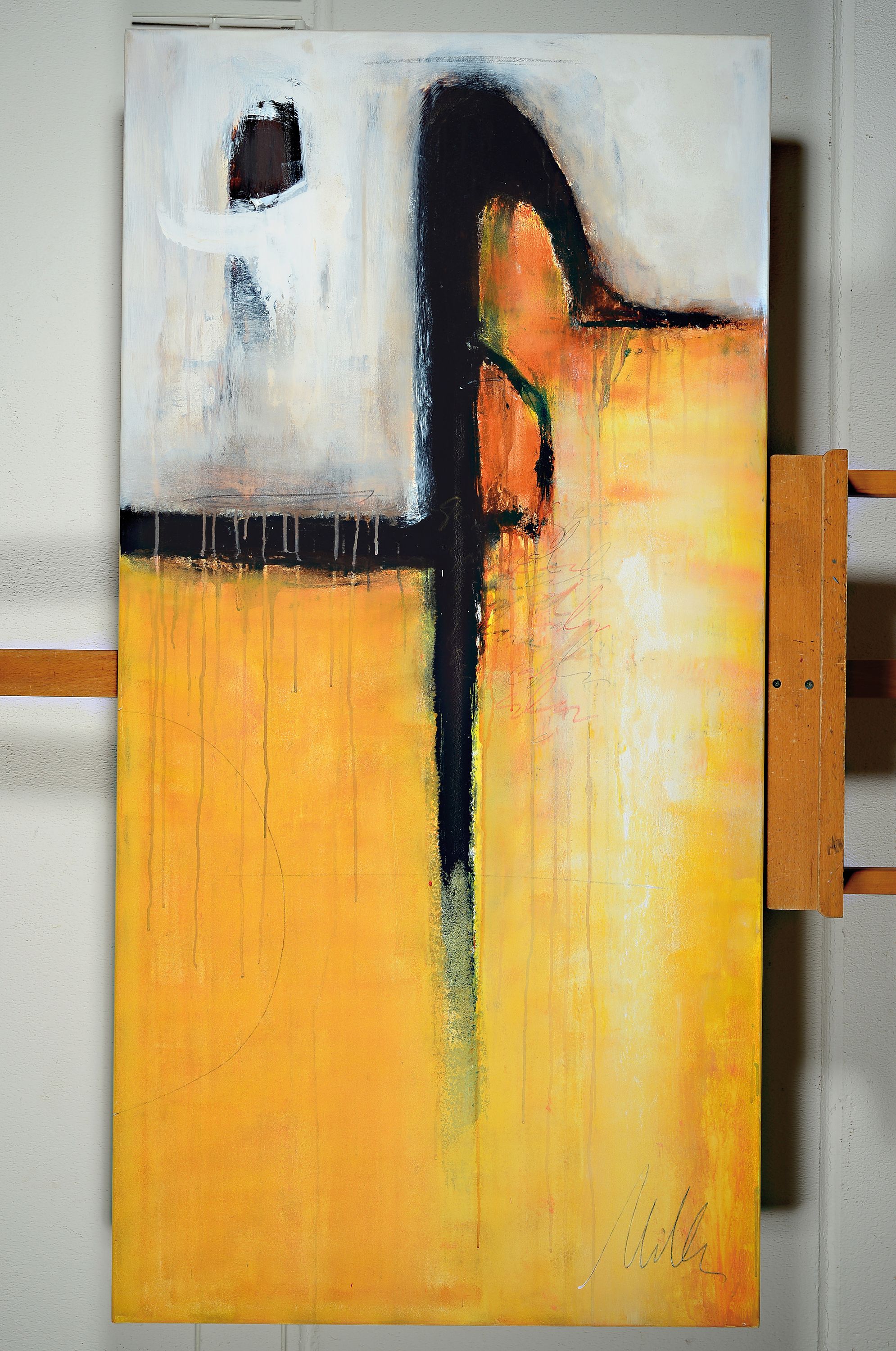 Detail a: Milla, geb. 1969, zeitgen. italienische Künstlerin, 2 Pendants mit abstrakten Kompositionen, Öl/Lwd, beide sign., je ca. 140x70cm