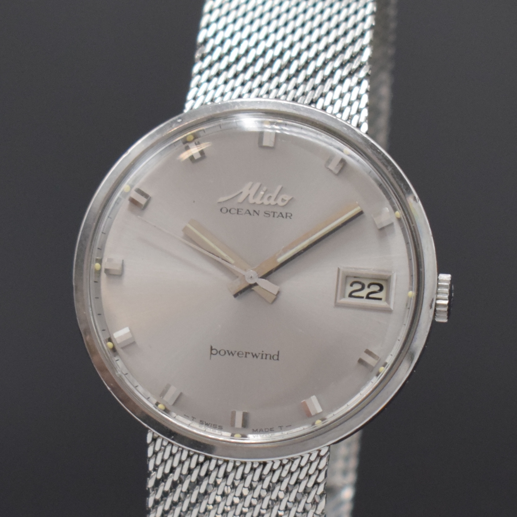 Detail a: MIDO OCEAN Star Powerwind Herrenarmbanduhr in Stahl Referenz 5067, Schweiz um 1970, Automatik, Monocoque-Geh. m. integr. Milanaiseband, silb. ...