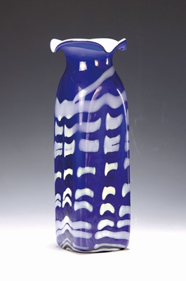 Image 26768732 - Glass vase, Bohemia, around 1910, blue glass with white interior overlay, melted milk- white wave decoration, four-fold cut-out mouth, without mark, height 27 cm