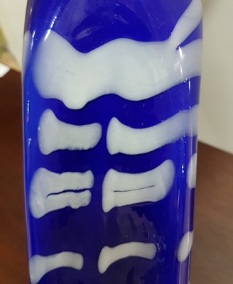 26768732g - Glass vase, Bohemia, around 1910, blue glass with white interior overlay, melted milk- white wave decoration, four-fold cut-out mouth, without mark, height 27 cm