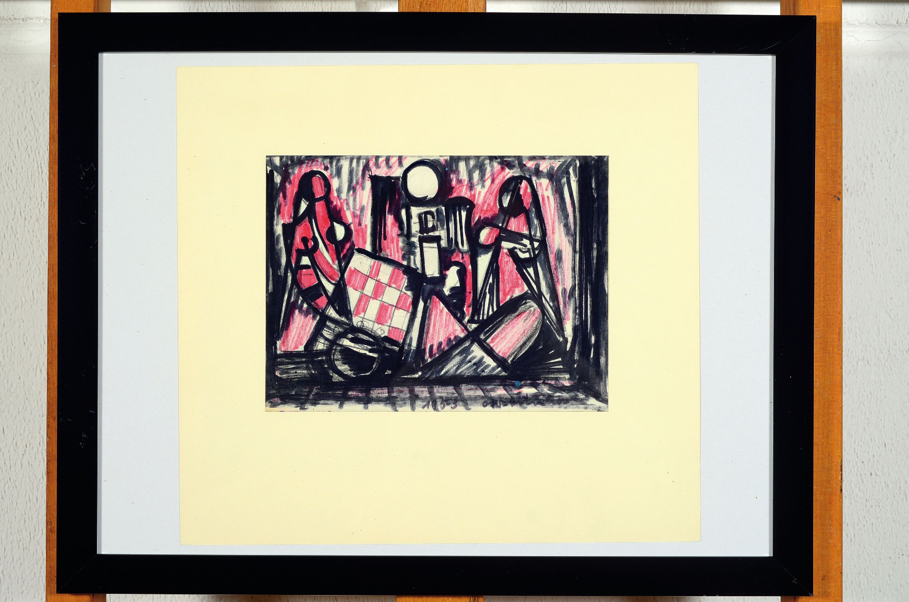 Detail k: Otto Ditscher, 1904-1987 Neuhofen, Zeichnung, Bühnenkompositon mit Musikern, signiert und datiert 1953, 15x20 cm, Rahmen 34x43 cm