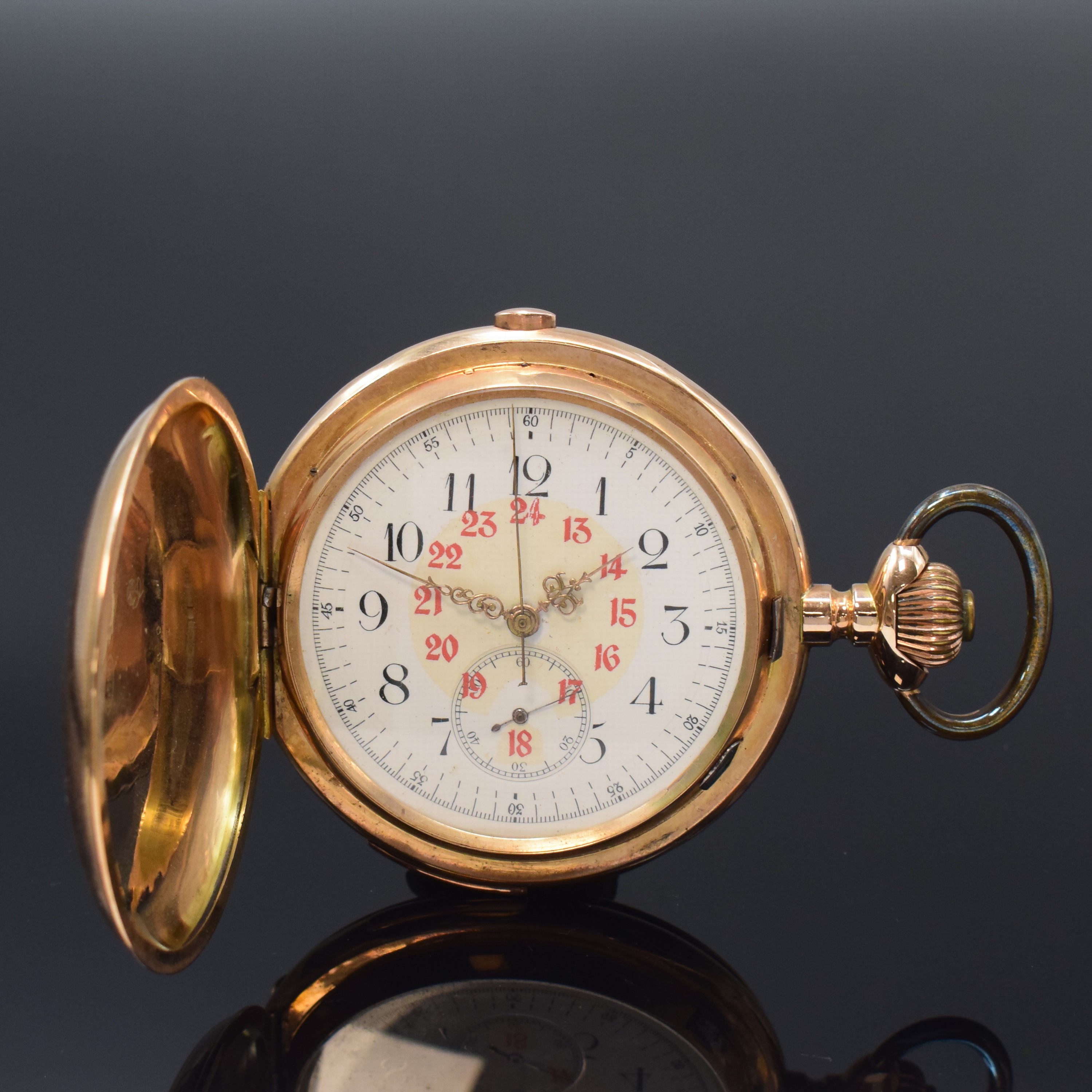 Große Herrensavonette mit 1/4-Stunden- Repetition und Schaltradchronograph in RG 585/000, Schweiz um 1900, guill. 3-Deckel Goldgeh. dell., grav. ...