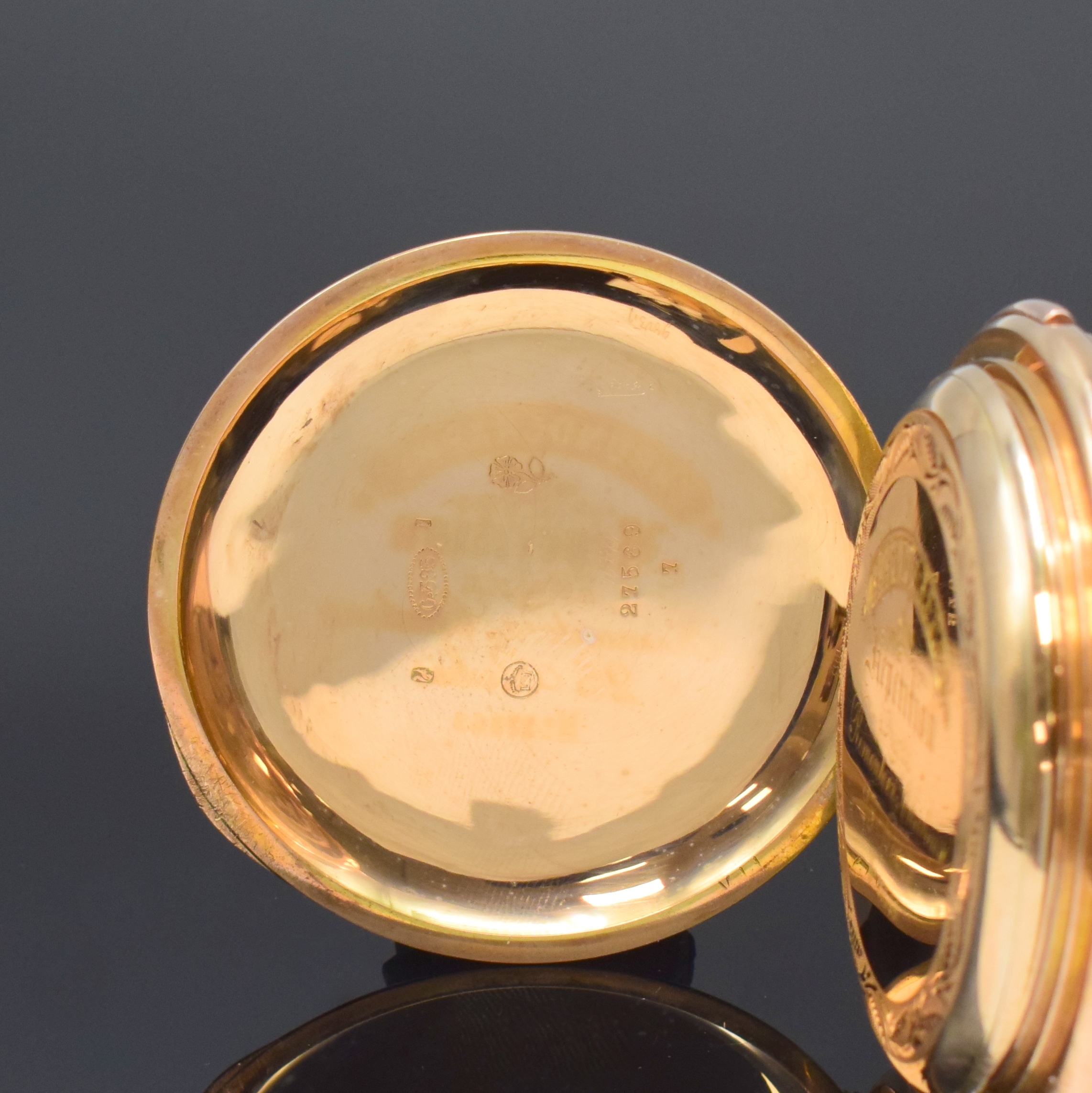 Detail c: Große Herrensavonette mit 1/4-Stunden- Repetition und Schaltradchronograph in RG 585/000, Schweiz um 1900, guill. 3-Deckel Goldgeh. dell., grav. ...