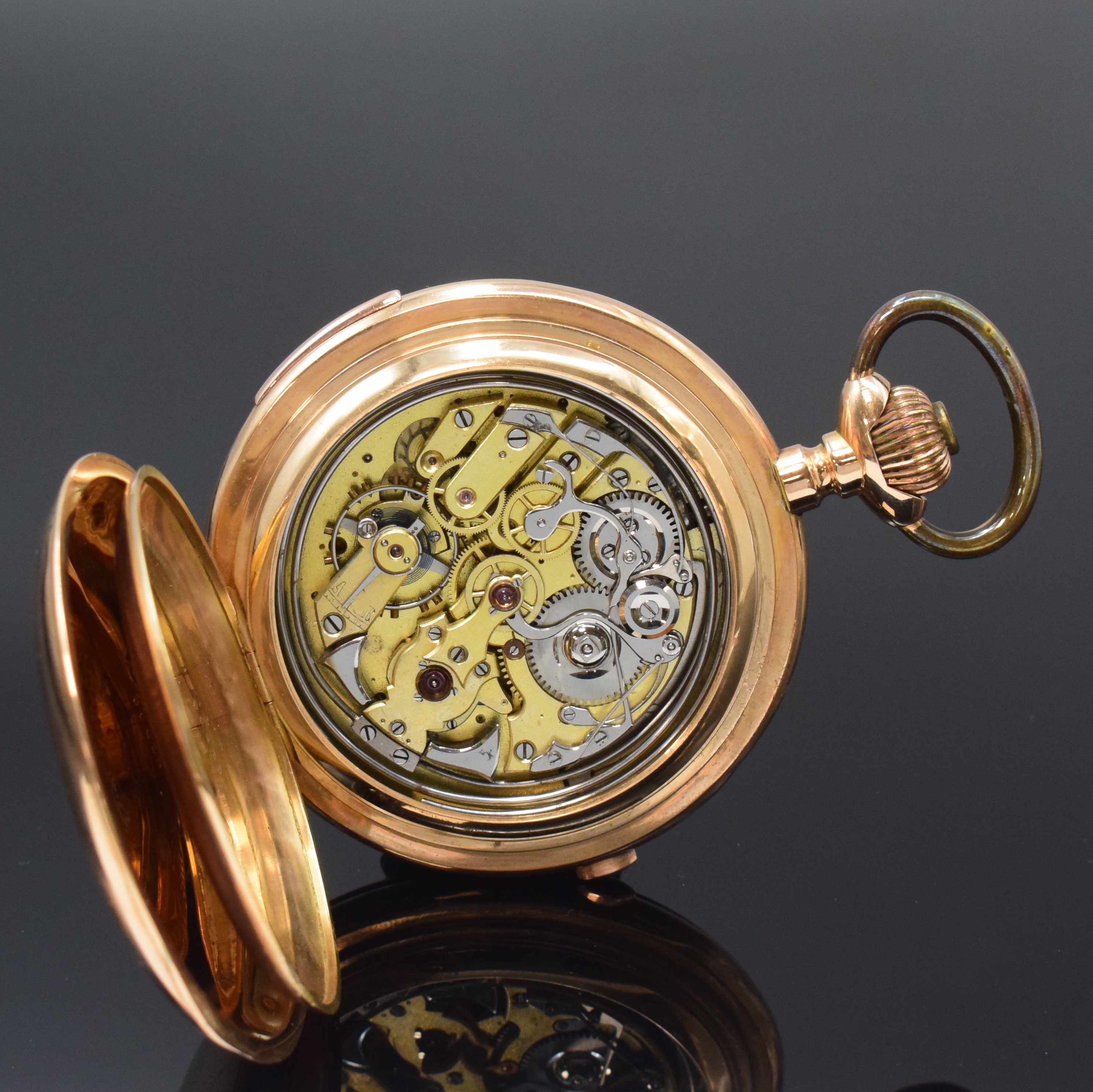Detail f: Große Herrensavonette mit 1/4-Stunden- Repetition und Schaltradchronograph in RG 585/000, Schweiz um 1900, guill. 3-Deckel Goldgeh. dell., grav. ...