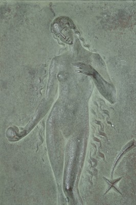 26769017b - Augusto Varnesi, 1866 Rome-1941 Frankfurt a.M., relief picture made of bronze, #"Eva#", around 1920, Eva as a standing nude with the apple, greenish patina, signed lower left, 26x14 cm; Varnesi studied at the Accademia di San Luca in Rome, worked for many years in Frankfurt am Main, was a professor at the TH Darmstadt, and created numerous works for public spaces in Frankfurt