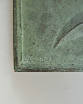 26769017c - Augusto Varnesi, 1866 Rome-1941 Frankfurt a.M., relief picture made of bronze, #"Eva#", around 1920, Eva as a standing nude with the apple, greenish patina, signed lower left, 26x14 cm; Varnesi studied at the Accademia di San Luca in Rome, worked for many years in Frankfurt am Main, was a professor at the TH Darmstadt, and created numerous works for public spaces in Frankfurt