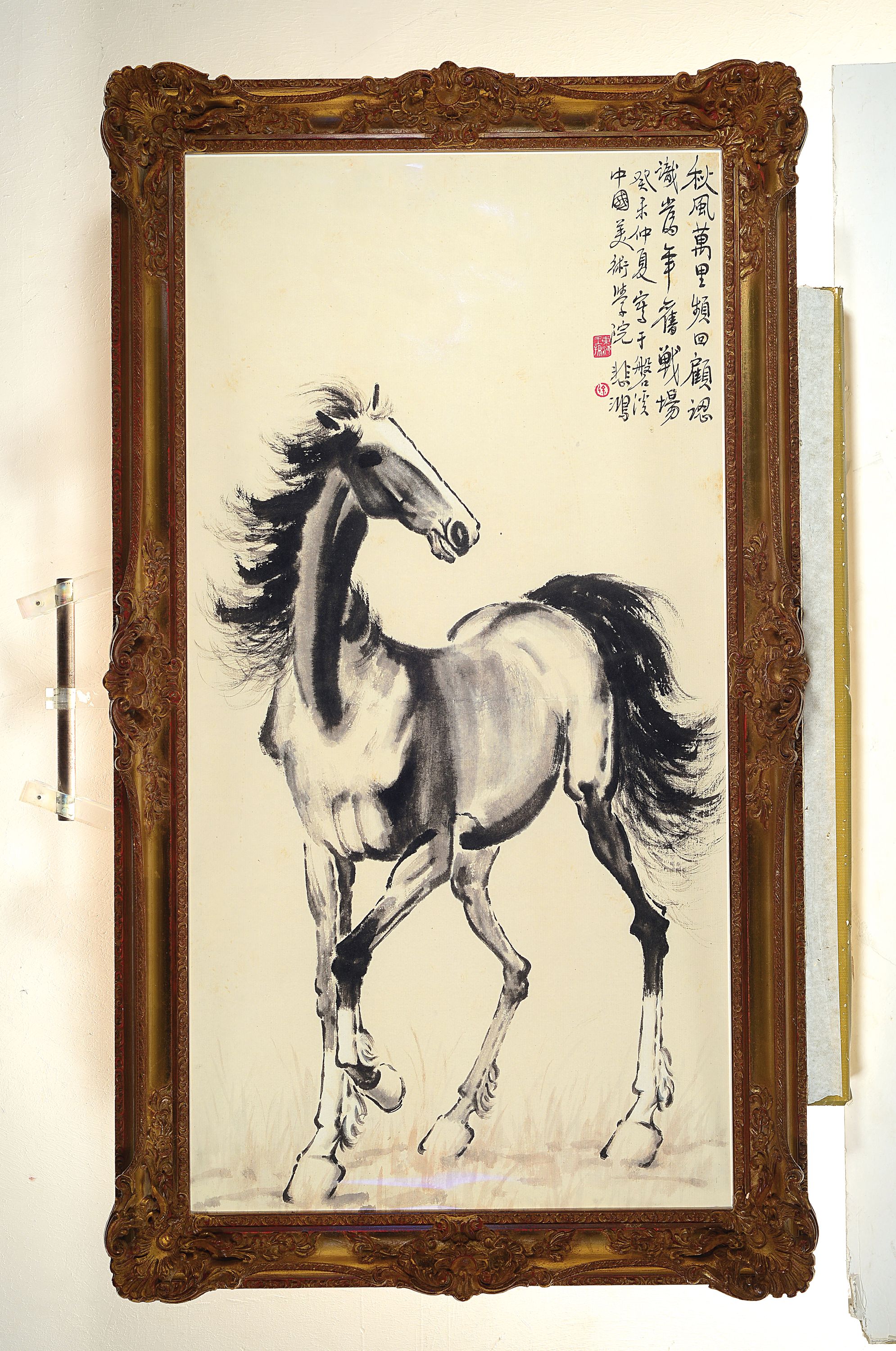 Tuschezeichnung nach Xu Beihong (1895-1953), Tusche auf Papier, stehendes Pferd, Prunkrahmen 117x66 cm