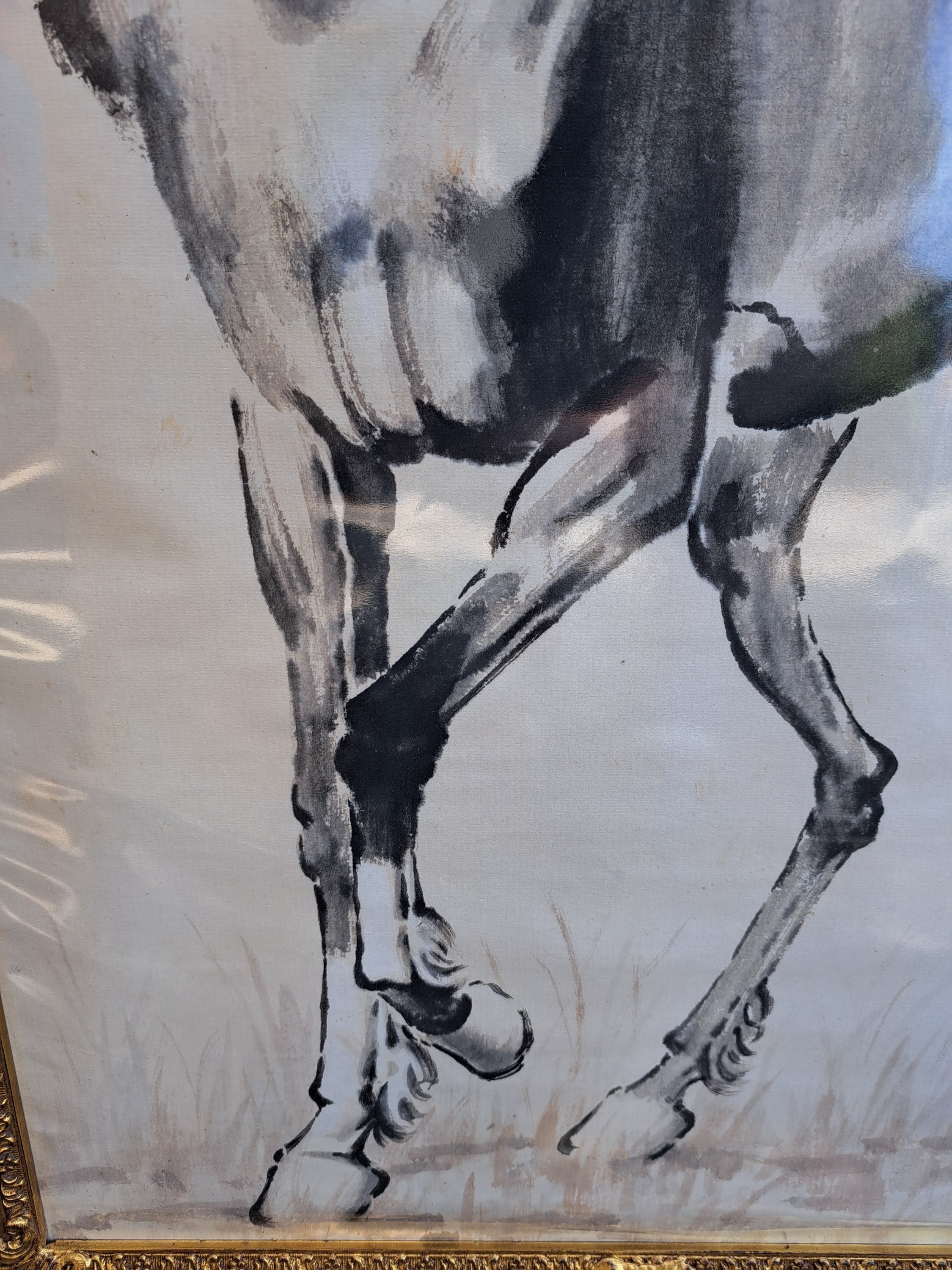 Detail d: Tuschezeichnung nach Xu Beihong (1895-1953), Tusche auf Papier, stehendes Pferd, Prunkrahmen 117x66 cm