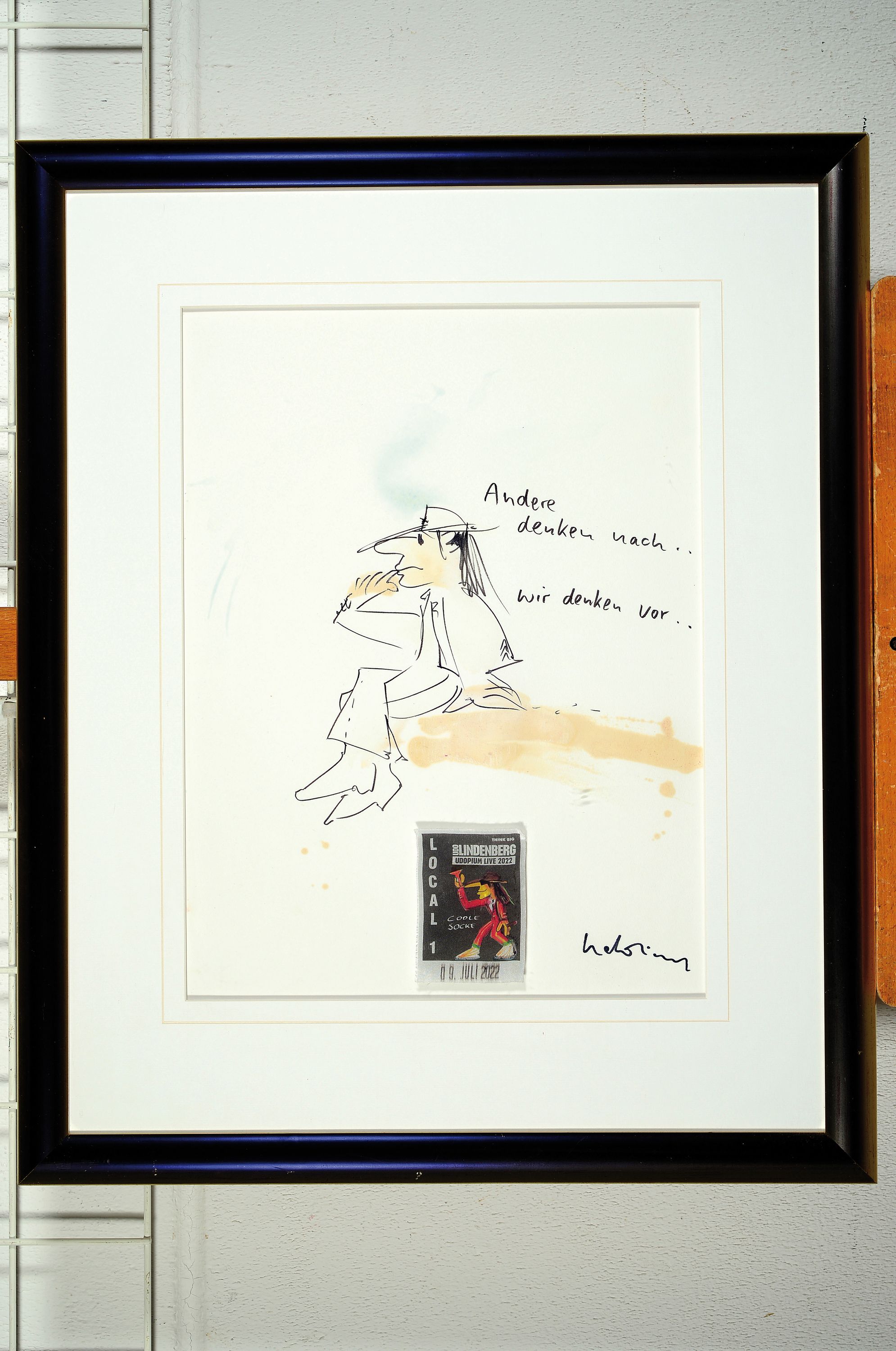 Detail k: Udo Lindenberg, geb. 1946, Likörell/Aquarellauf Papier, "Andere denken nach, wir denken vor...", rechts unten handsigniert, Unikat, verso ...