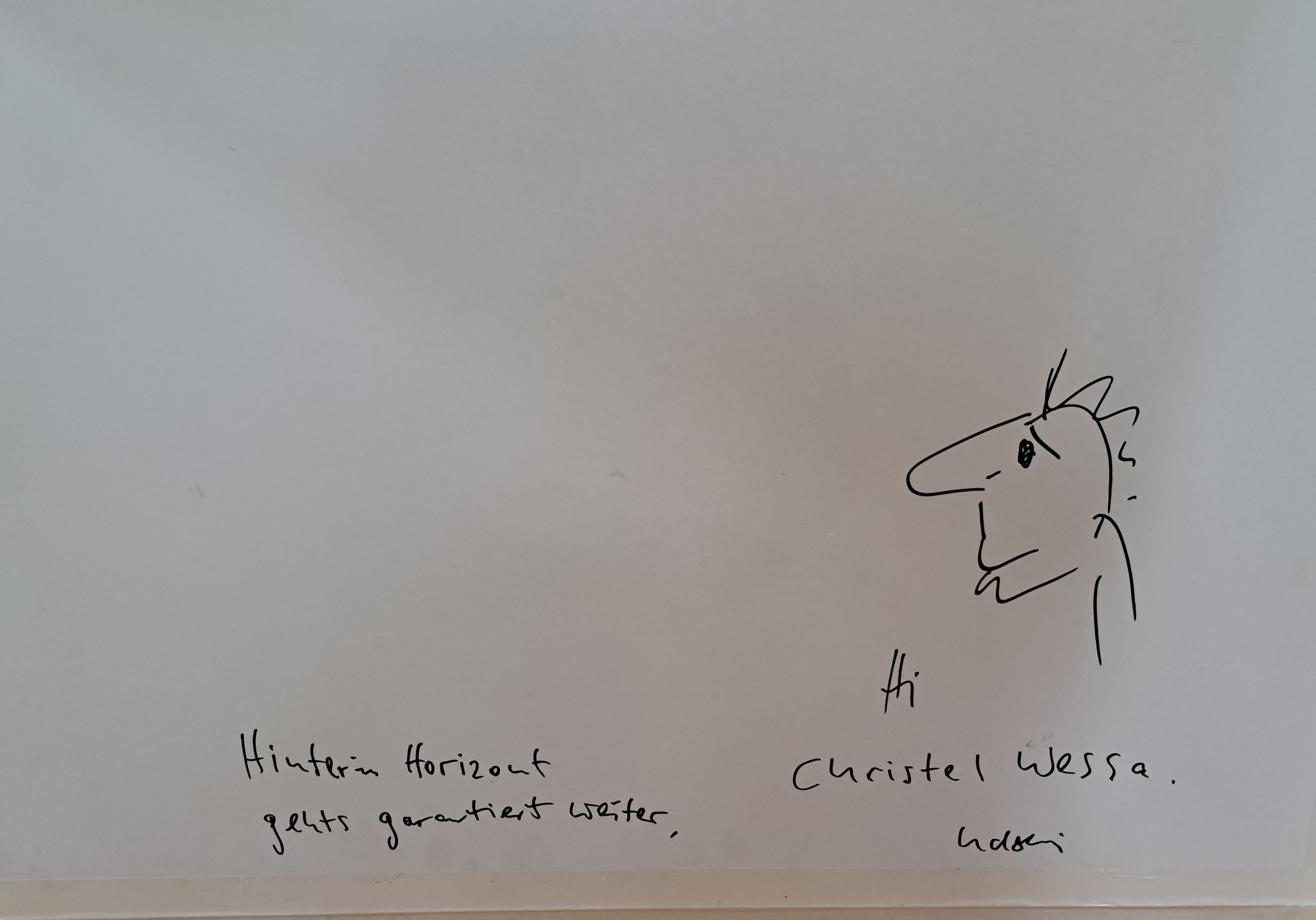 Detail c: Udo Lindenberg, geb. 1946, Likörell und Aquarell auf Papier, "No Panic, Hinter'm Horizont geht's weiter", handsigniert, ...