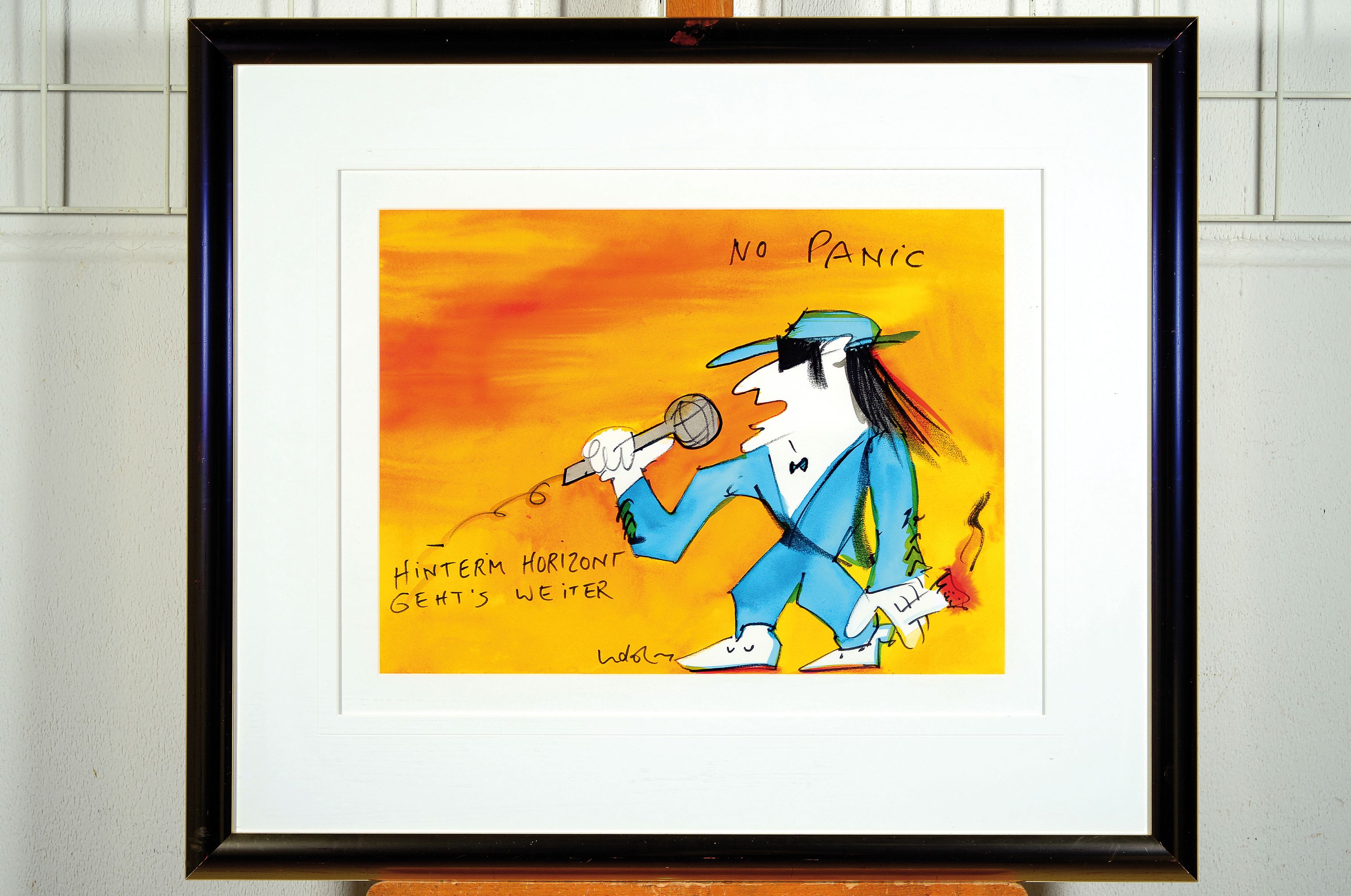 Detail k: Udo Lindenberg, geb. 1946, Likörell und Aquarell auf Papier, "No Panic, Hinter'm Horizont geht's weiter", handsigniert, ...