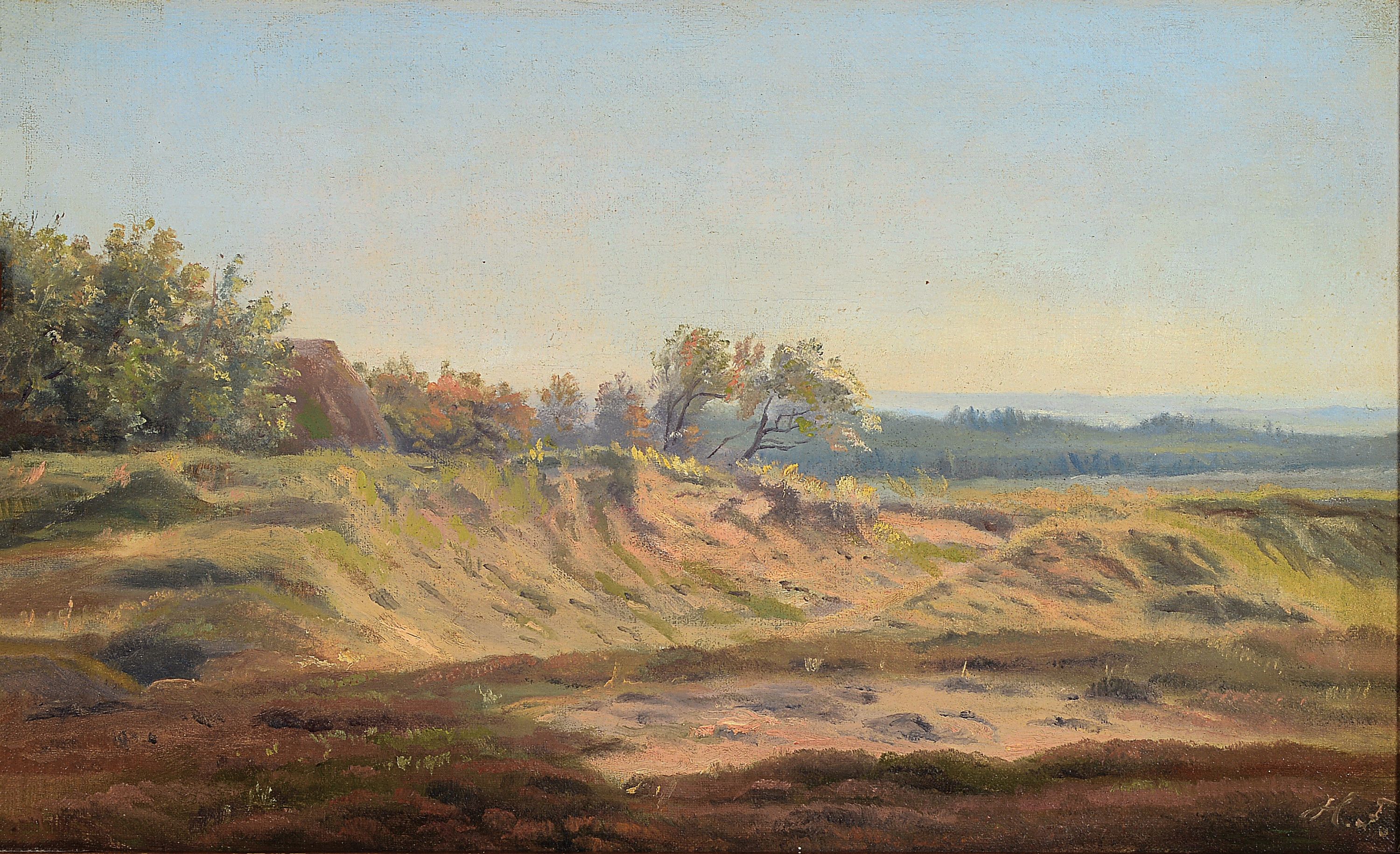 Harald Frederik Foss, 1843 Frederiksberg-1922 , Landschaft an den Dünen, Öl/Lwd, rechts unten signiert, ca. 21x34cm, R. ca. 31x44cm, Studium an der ...
