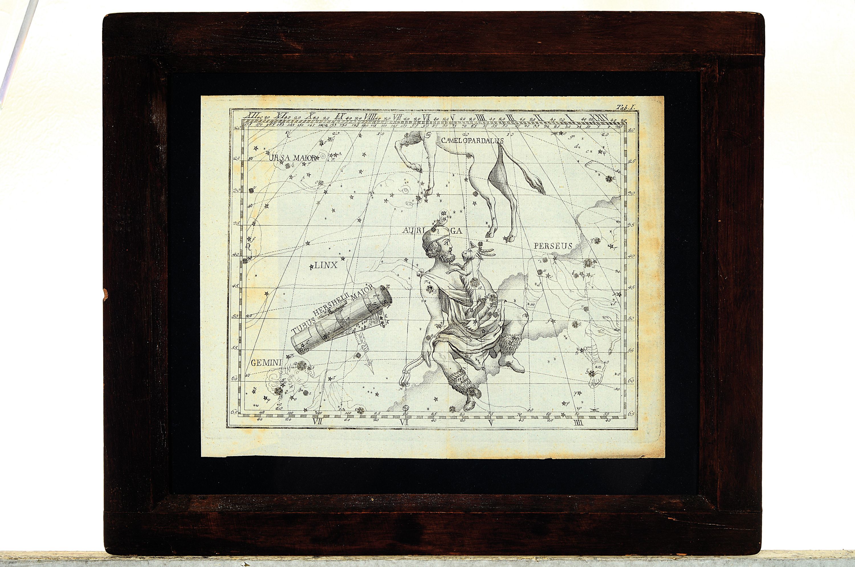 Detail k: 2 Kupferstiche zu Himmelskörper und Sternzeichen, deutsch, 18. Jh., dargestellt Orion und Taurus, Auriga und Perseus, je ca. 18x23cm, Holzrahmen mit ...