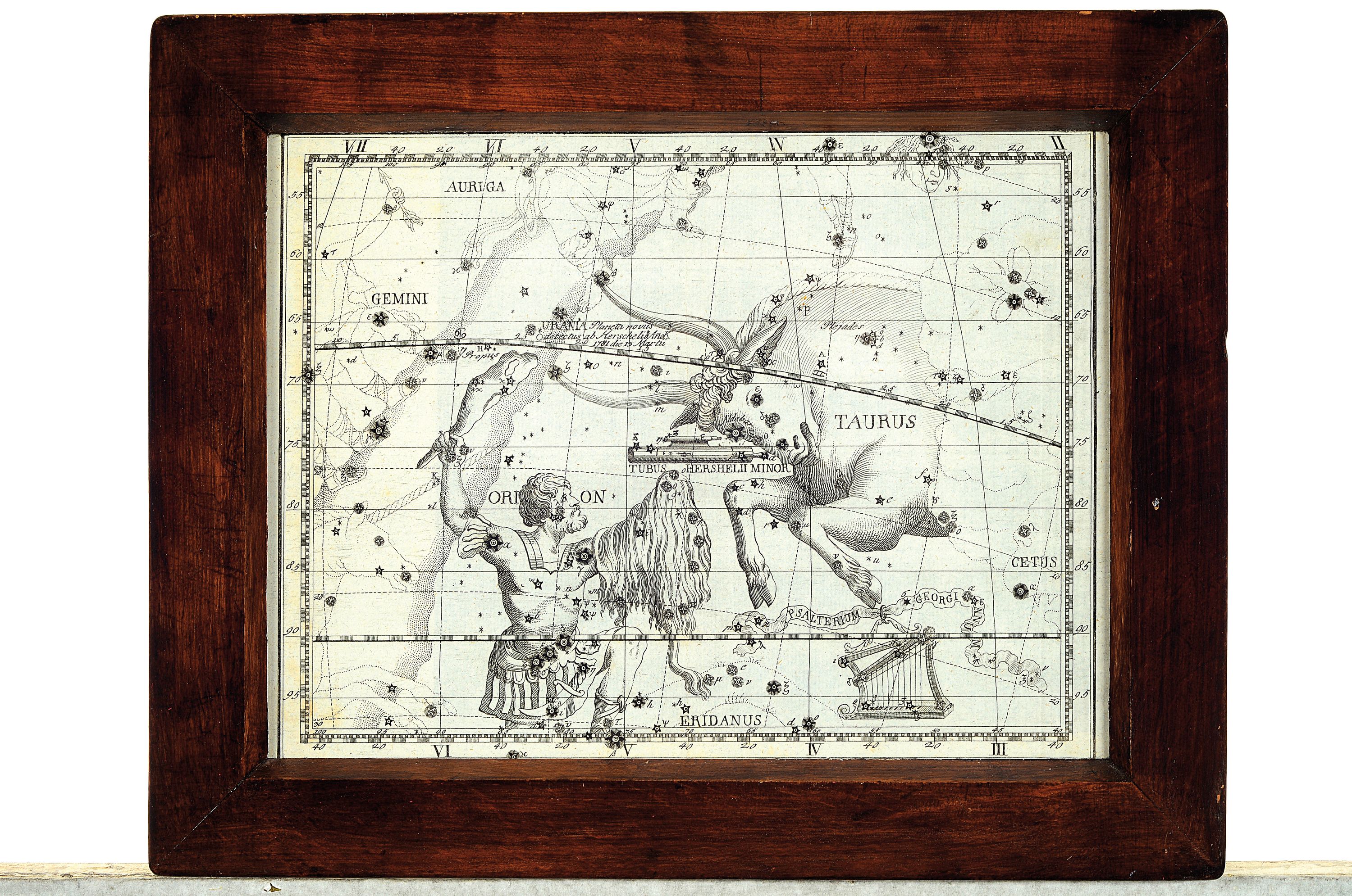 Detail l: 2 Kupferstiche zu Himmelskörper und Sternzeichen, deutsch, 18. Jh., dargestellt Orion und Taurus, Auriga und Perseus, je ca. 18x23cm, Holzrahmen mit ...