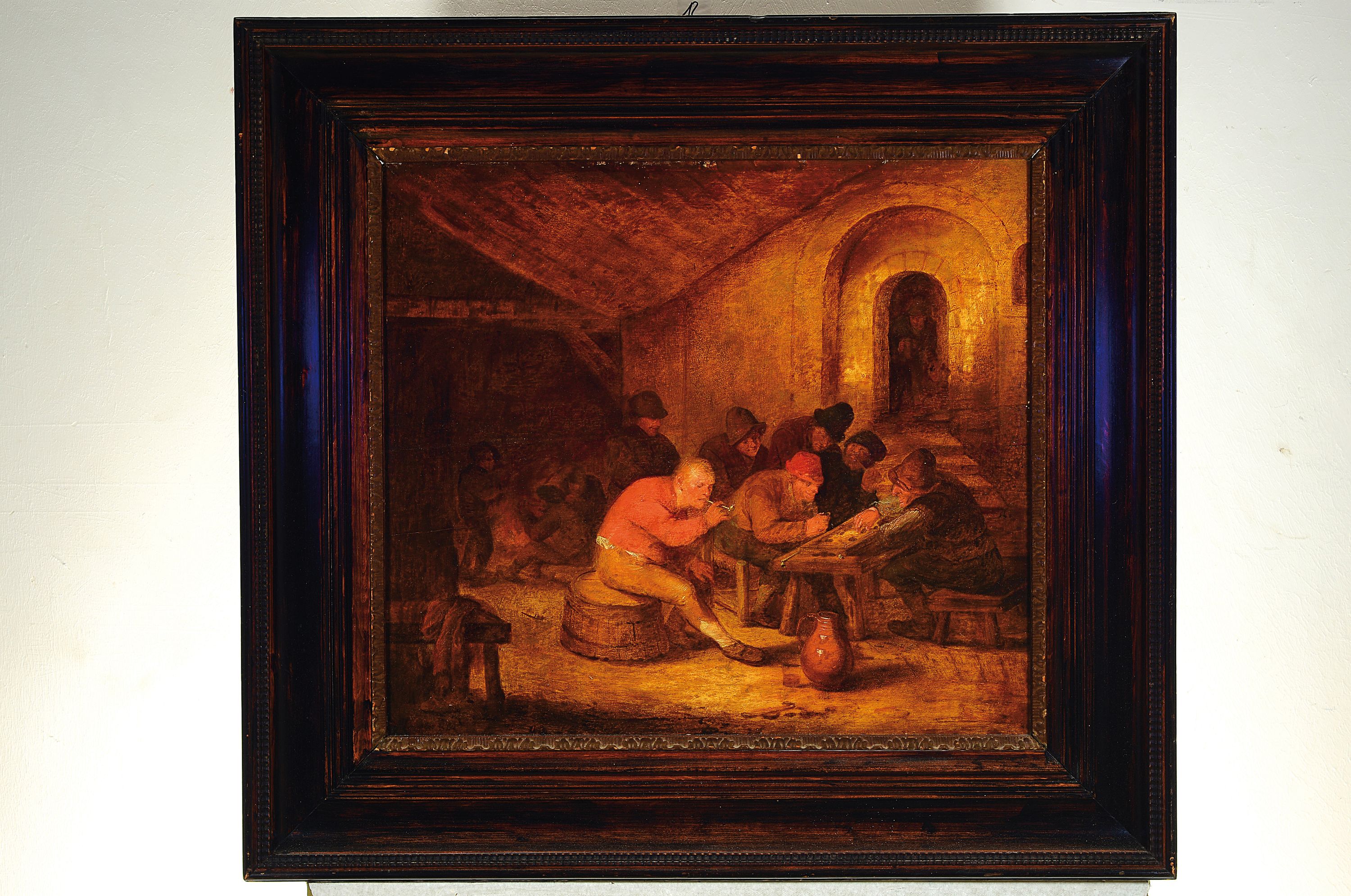 Detail k: Unbekannter Niederländer des 17./18.Jh., Genreszene nach dem Vorbild Adriaen Brouwer, Wirtshausinterieur mit Bauern beim Tricktrackspiel, ...