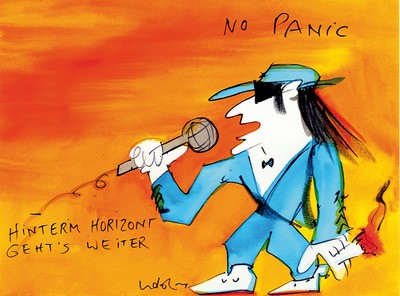 Image 26769233 - Udo Lindenberg, born in 1946, liqueur and watercolor on paper, #"No Panic, Things continue behind the horizon,#" hand-signed, with a personal dedication on the back ("It goes on behind the horizon, guaranteed continue#") and sketch, high quality framed 65x76 cm