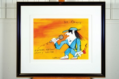 26769233k - Udo Lindenberg, born in 1946, liqueur and watercolor on paper, #"No Panic, Things continue behind the horizon,#" hand-signed, with a personal dedication on the back ("It goes on behind the horizon, guaranteed continue#") and sketch, high quality framed 65x76 cm