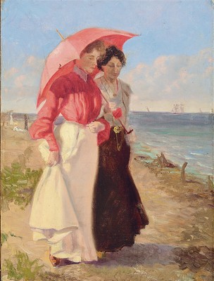 Image 26769238 - Monogramist JC, dated Skagen 1910, Two ladies on the beach: Bertha Claudine Monica Frost born Frederiksen and Sister, so noted on the back on the stretcher, oil/canvas, right below difficult to read monogr., on the back named Skagen and dat., approx. 39x28cm, frame 52x43cm