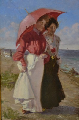26769238b - Monogramist JC, dated Skagen 1910, Two ladies on the beach: Bertha Claudine Monica Frost born Frederiksen and Sister, so noted on the back on the stretcher, oil/canvas, right below difficult to read monogr., on the back named Skagen and dat., approx. 39x28cm, frame 52x43cm