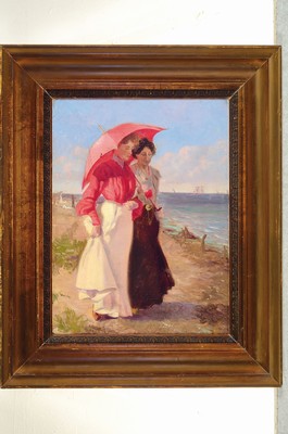 26769238k - Monogramist JC, dated Skagen 1910, Two ladies on the beach: Bertha Claudine Monica Frost born Frederiksen and Sister, so noted on the back on the stretcher, oil/canvas, right below difficult to read monogr., on the back named Skagen and dat., approx. 39x28cm, frame 52x43cm