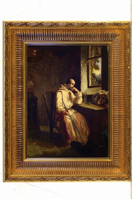 26769244k - Attribution: Ary Scheffer, 1795 Dordrecht - 1858 Argenteuil, scene from the poem fragment The Giaur of George Gordon Byron, in which theyoung, revenge-seeking Venetian stays in a monastery, oil/wood, restored, approx. 33x23cm, frame approx. 44x36cm