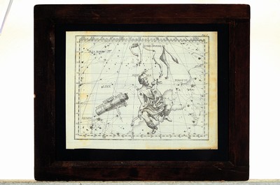 26769248k - 2 engravings on celestial bodies and zodiac signs, German, 18th C., depicting Orion and Taurus, Auriga and Perseus, each approx. 18x23cm, wooden frame with stamp the Grossh. Heidelberg Observatory