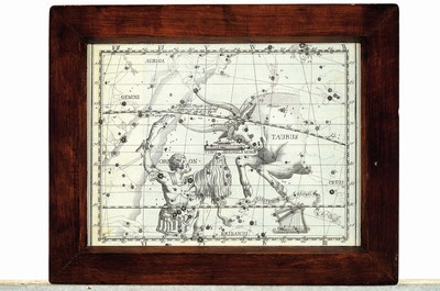 26769248l - 2 engravings on celestial bodies and zodiac signs, German, 18th C., depicting Orion and Taurus, Auriga and Perseus, each approx. 18x23cm, wooden frame with stamp the Grossh. Heidelberg Observatory