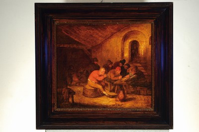 26769279k - Unidentified Dutch painter of the 17th/18th c., genre scene after the antetype of Adriaen Brouwer, tavern interior with farmers playing trick track, unsigned, oil/wood panel, parquet, restored, 55x60 cm, black frame 80x86cm