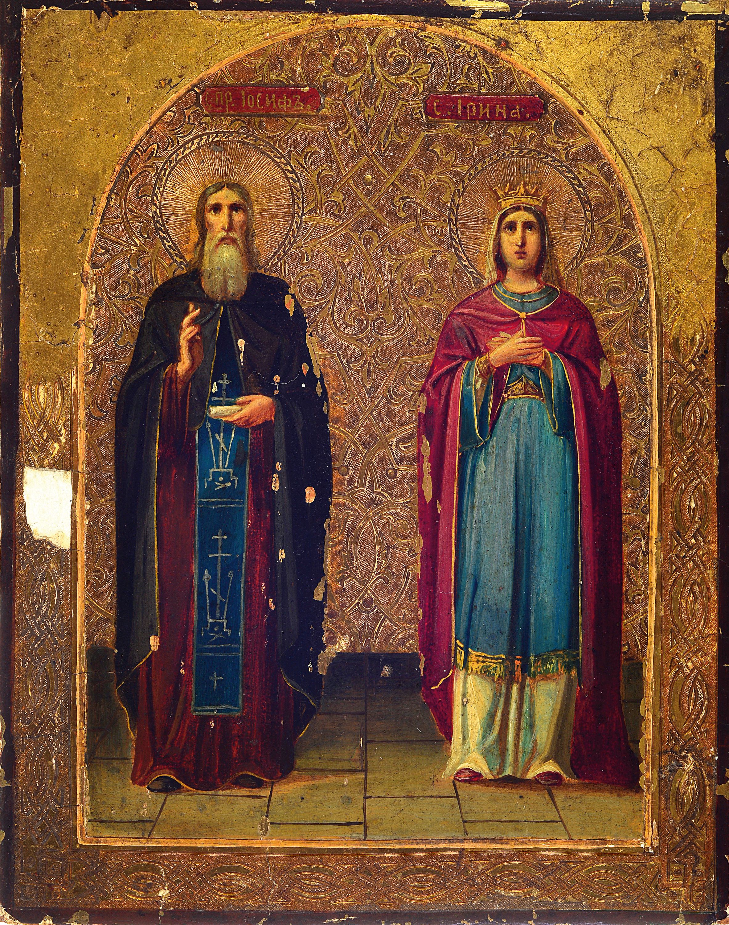 Kleine Ikone, H. Joseph der Hymnograph und Hl.Irene d.J., Russland, Mitte/Ende 19.Jh., Öl/Holz/Leinwandbezug, ornamentierter Goldgrund, Darstellung ...