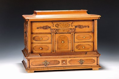 Image 26769341 - Model cabinet cupboard, South German, 18th century, oak veneer, lid with drawer, behind it a lock for the lid drawer, old lock and fittings, former 2-door front is missing, 6 drawers, Renaissance decor, drawers mainly lined with marble paper, restored, 4 secondary feet, 29x36x26 cm, 1 key available