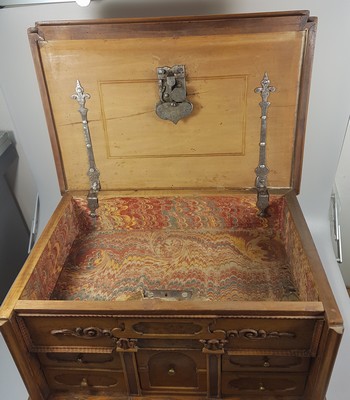 26769341d - Model cabinet cupboard, South German, 18th century, oak veneer, lid with drawer, behind it a lock for the lid drawer, old lock and fittings, former 2-door front is missing, 6 drawers, Renaissance decor, drawers mainly lined with marble paper, restored, 4 secondary feet, 29x36x26 cm, 1 key available