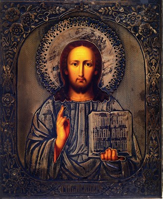 Image 26769364 - Ikone mit Silberoklad, Christus als Pantokrator, Russland, Ende 19.Jh.