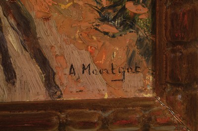26769366a - Achiel #"Achilles#" Moortgat, 1881 Sint- Gillis-bij-Dendermonde-1957 Baasrode, Flemish painter and sculptor, studied in Ghent; post- impressionist forest in autumn, oil/wood, signed lower right, 60x50 cm, frame minor damaged 64x54cm