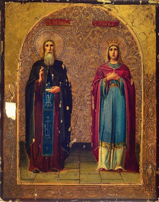 Image 26769367 - Small icon, H. Joseph the Hymnographer and St.Irene the Younger, Russia, mid/late 19th century, oil/wood/canvas cover, ornamented gold background, depiction of the two saints of the Eastern Church in Byzantine tradition, surface damage, approx. 18x14cm
