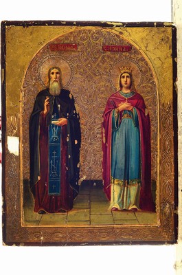 26769367k - Small icon, H. Joseph the Hymnographer and St.Irene the Younger, Russia, mid/late 19th century, oil/wood/canvas cover, ornamented gold background, depiction of the two saints of the Eastern Church in Byzantine tradition, surface damage, approx. 18x14cm