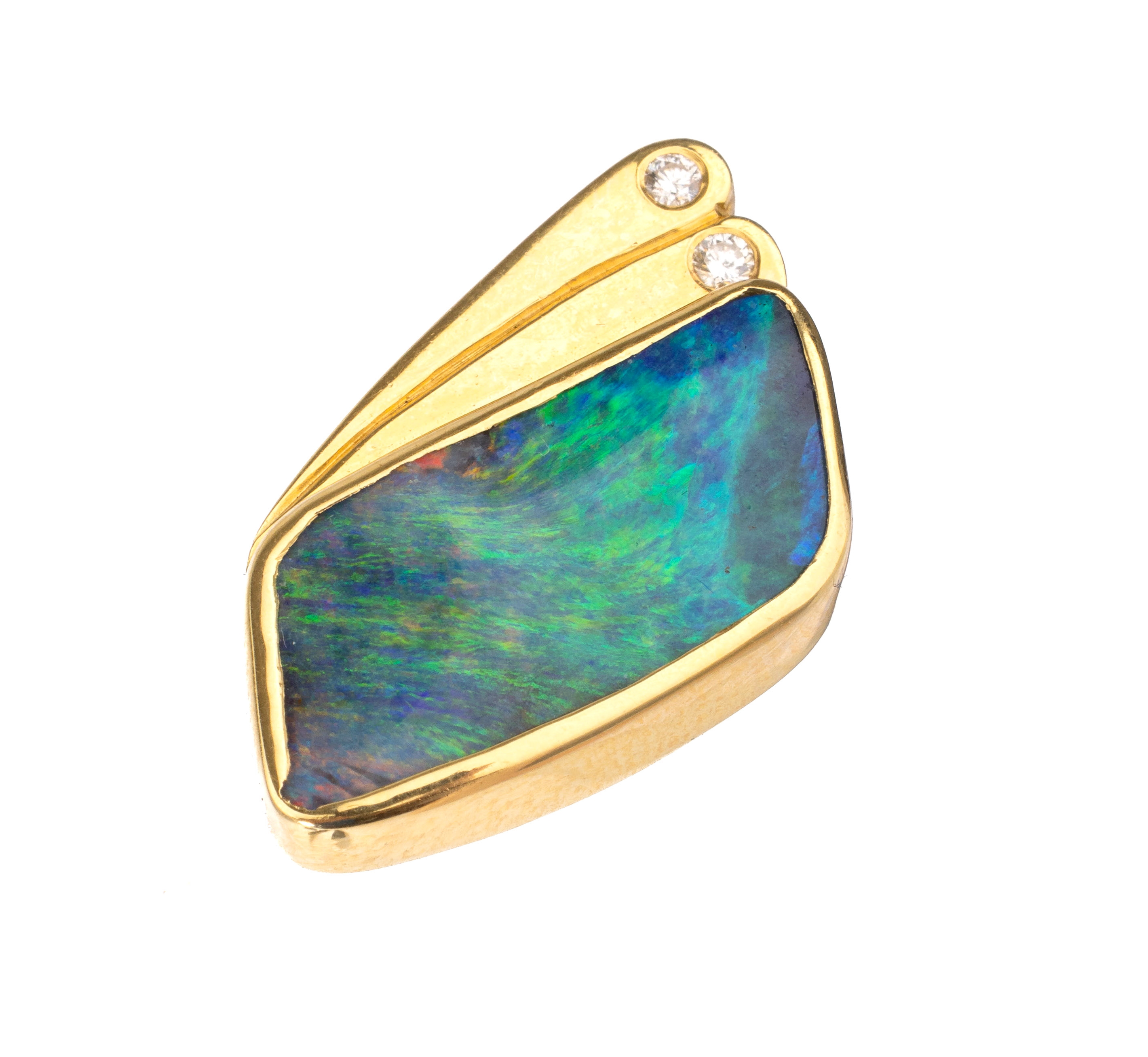 18 kt Gold Opal-Brillant-Anhänger, GG 750/000, Boulderopal mit blau-grünem Farb- spiel, 2 Brillanten zus. ca. 0.04 ct feines Weiß/vs, ...