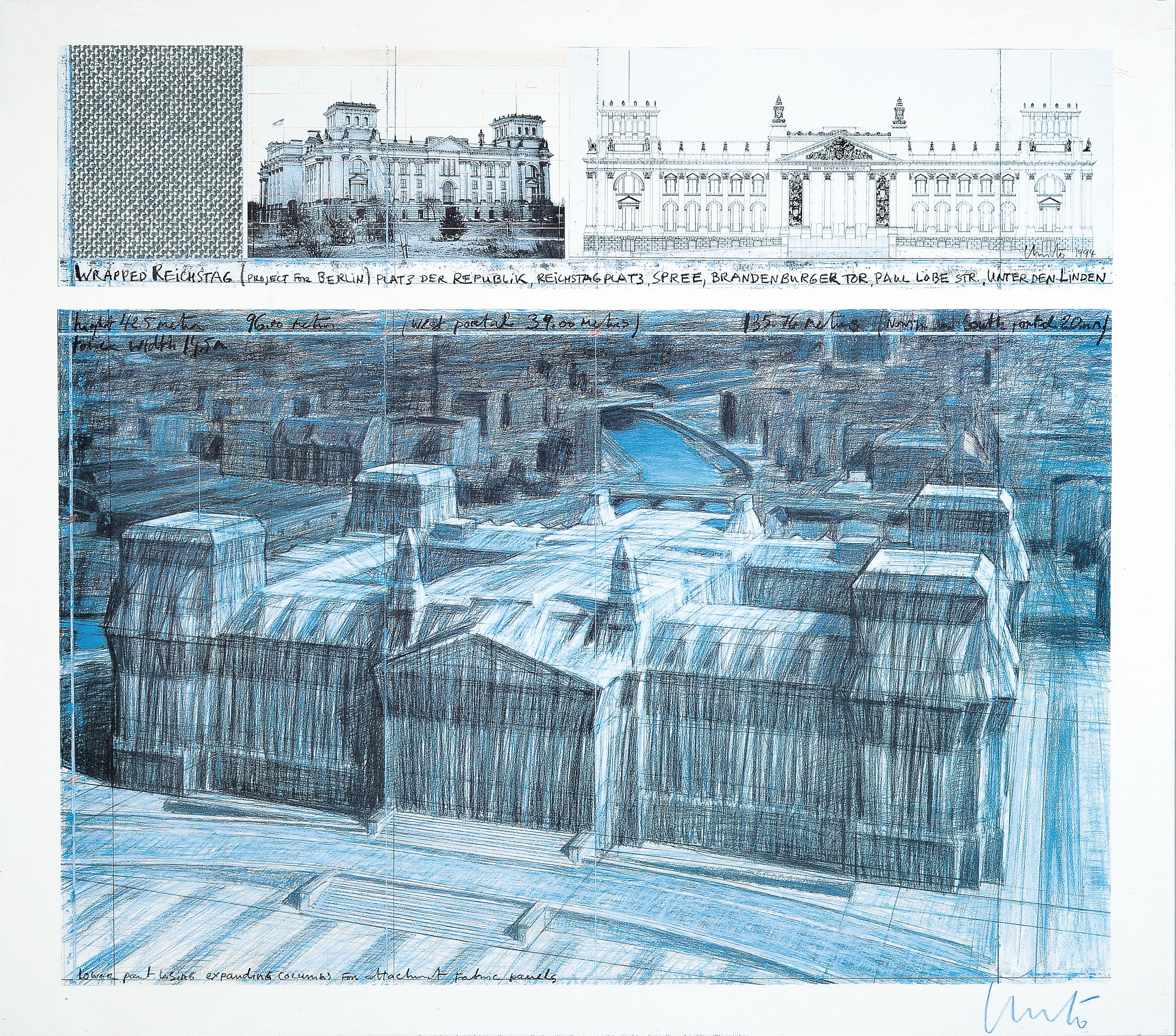 Christo, 1935-2020, Offset, "Wrapped Reichstag. Project for Berlin", Collage aus Entwurfsskizzen von 1994, rechts unten handsigniert in ...