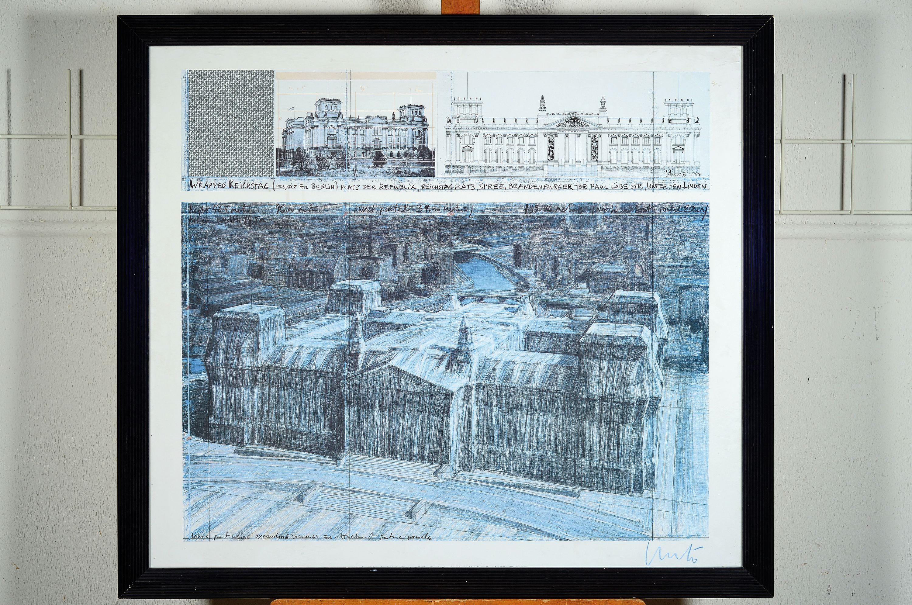 Detail k: Christo, 1935-2020, Offset, "Wrapped Reichstag. Project for Berlin", Collage aus Entwurfsskizzen von 1994, rechts unten handsigniert in ...