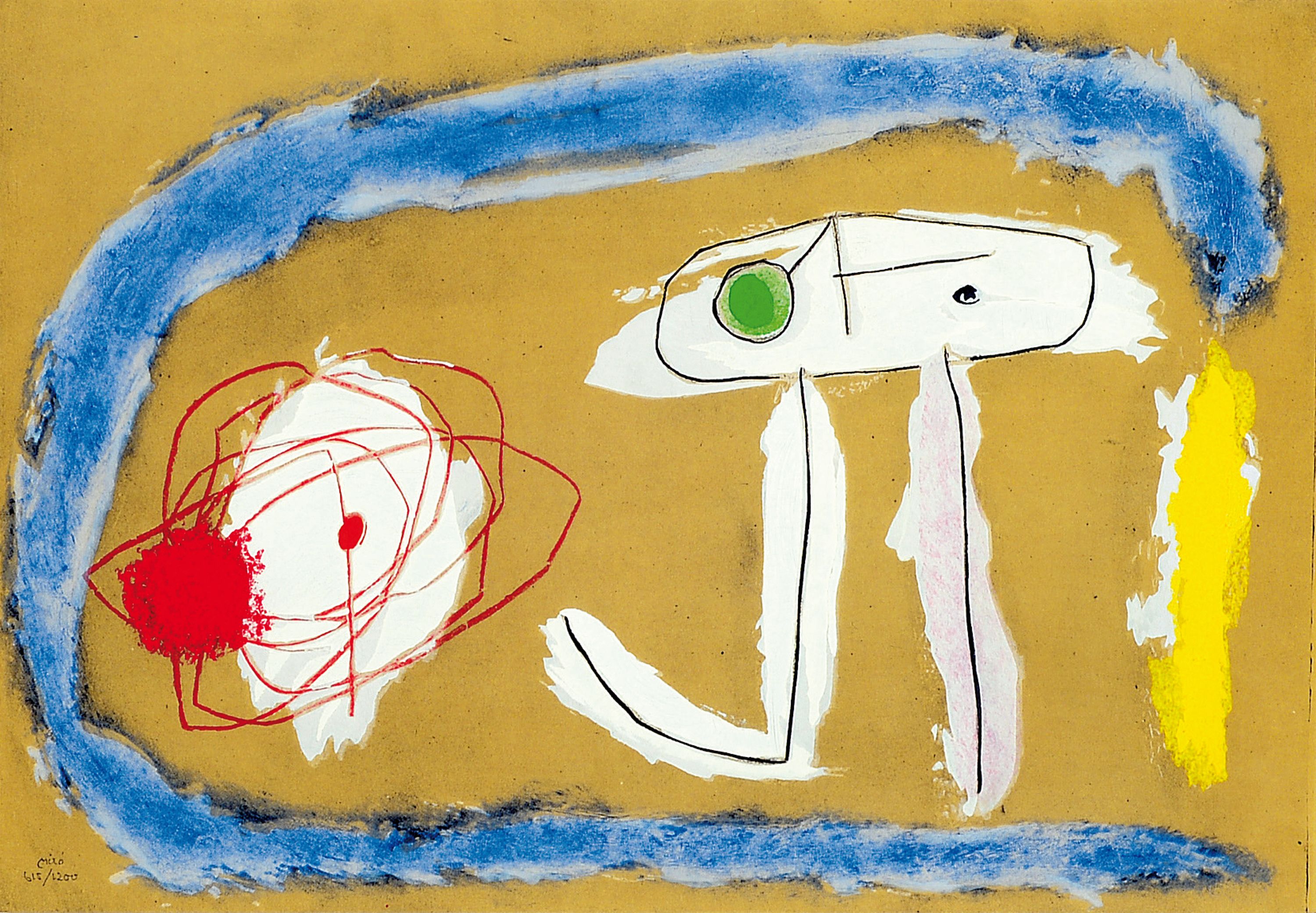 Joan Miro, 1893-1983, Pochoir, "Personnage et Oiseau", 1963, Ed. 615/1200, handsigniert und nummeriert, Blatt 21,5x32 cm, unter Glas ...