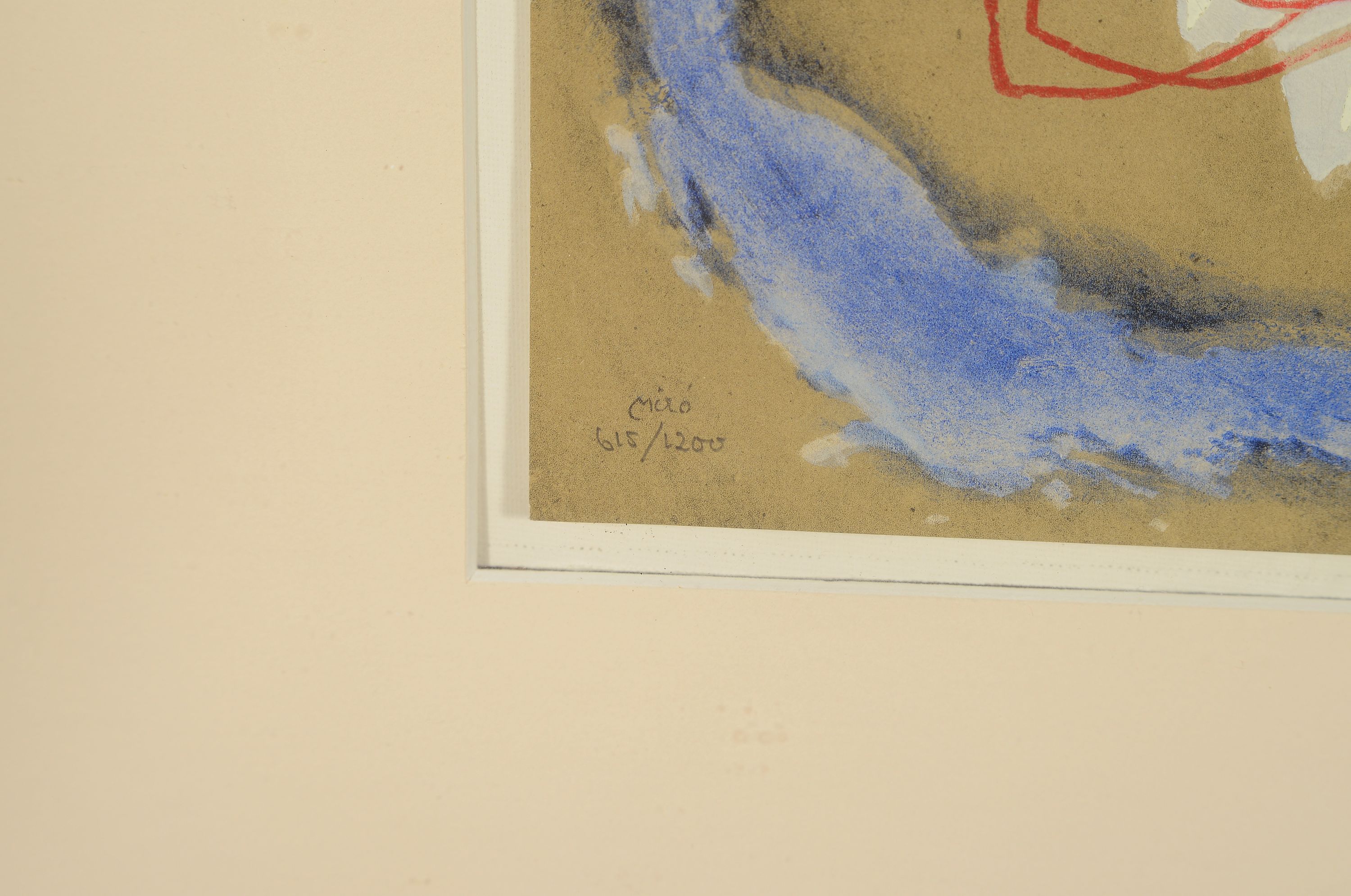 Detail l: Joan Miro, 1893-1983, Pochoir, "Personnage et Oiseau", 1963, Ed. 615/1200, handsigniert und nummeriert, Blatt 21,5x32 cm, unter Glas ...