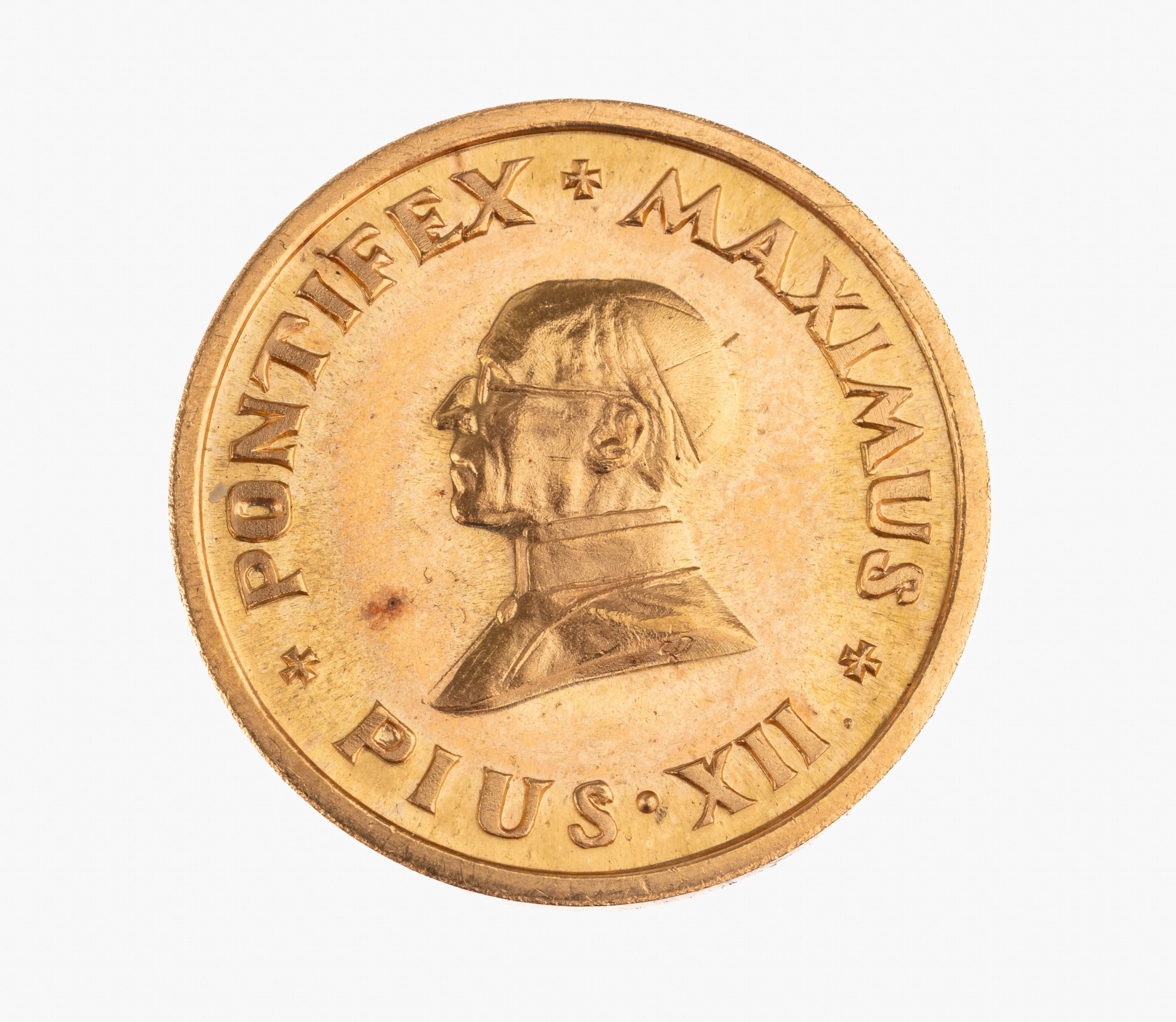Gold Medaille Papst Pius XII., 900er Gold, AV: Pontifax Maximus mit Papst Pius XII. im Profil, RV: Opus Justitiae Pax mit Friedenstaube, ca. 7.95 g