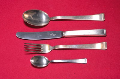 26769605a - Cutlery set "Model 2500", WMF, designed by Kurt Mayer, probably 1950s, silver-plated, knives with Friodur blades, 6 dinner forks, 6 dinner knives, 6 spoons, 12 cake forks, 12 coffee spoons, 6 espresso spoons, cake server,2 - pcs. salad cutlery, signs of wear; Model used since 1932 that combines form and function, based on the Bauhaus style