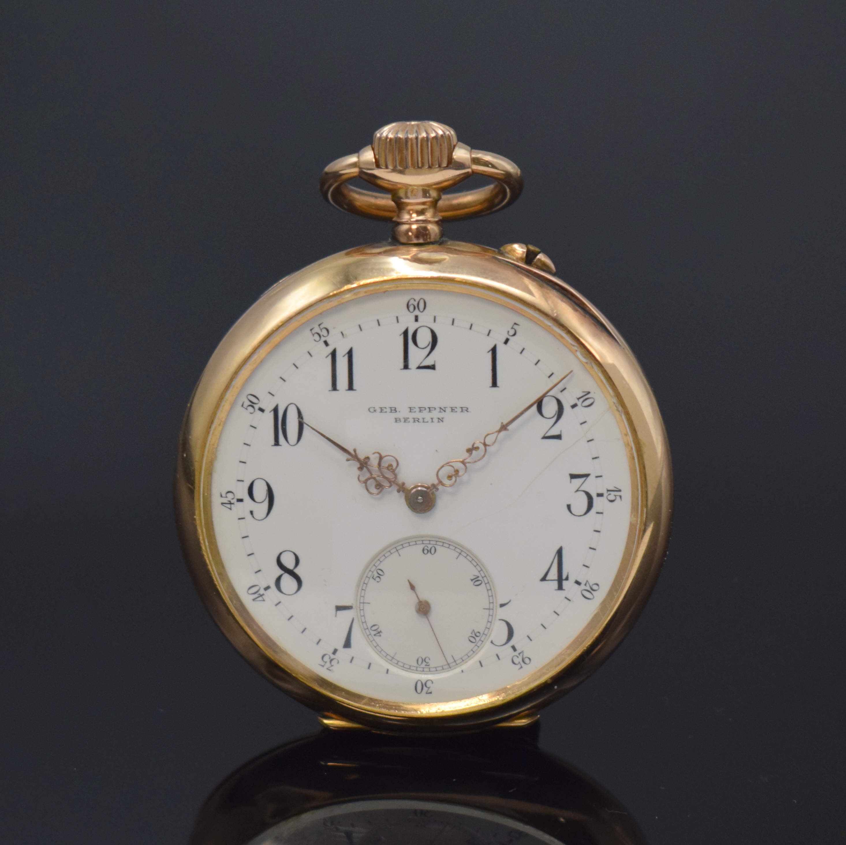 GEB. EPPNER Berlin offene Taschenuhr in RG 585/000, Deutschland/Schweiz um 1901, Geh. dell., guill. Rückdeckel m. Monogramm, Goldcuvette m. Widmung, ...