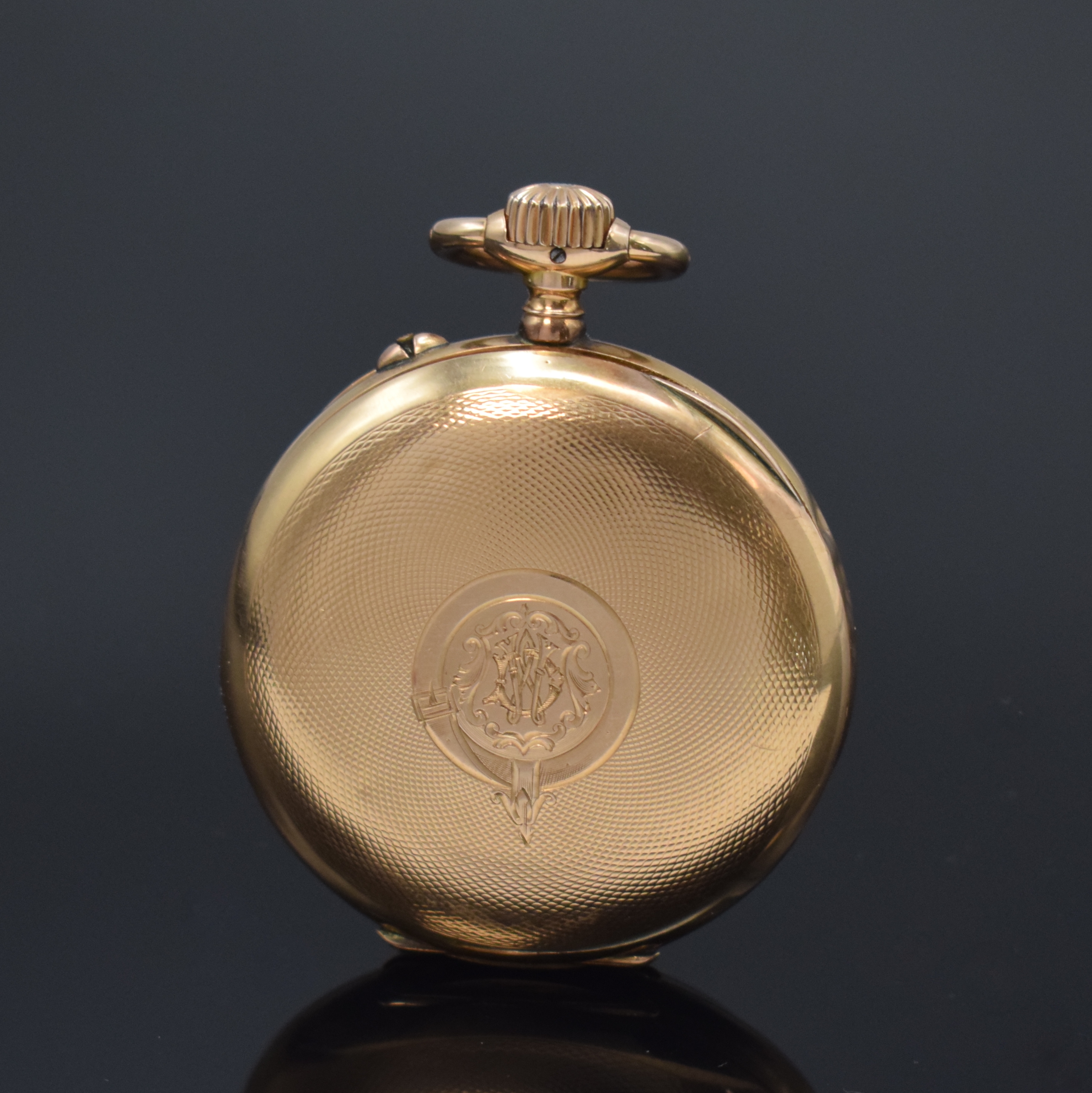 Detail a: GEB. EPPNER Berlin offene Taschenuhr in RG 585/000, Deutschland/Schweiz um 1901, Geh. dell., guill. Rückdeckel m. Monogramm, Goldcuvette m. Widmung, ...