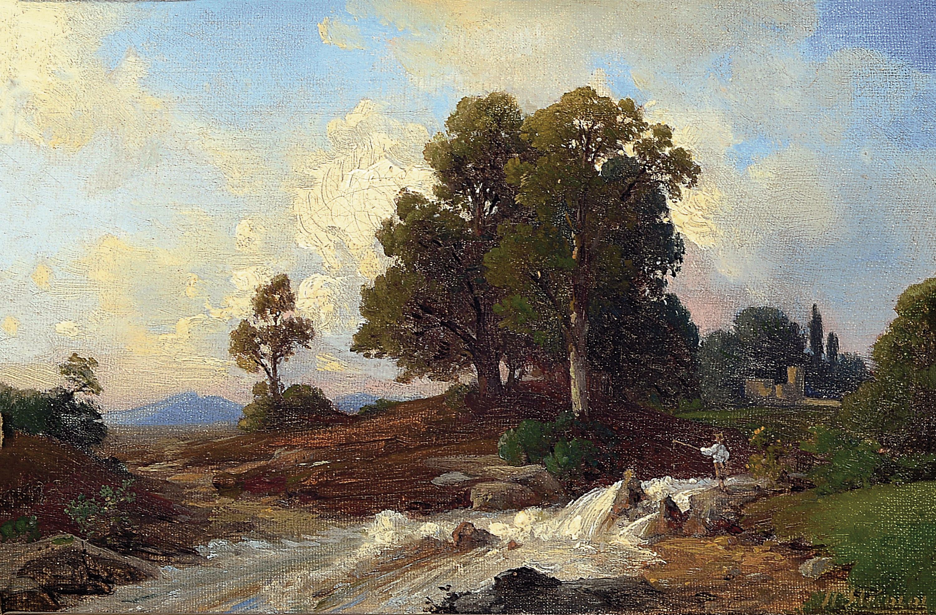 H. Stracke o.ä., Künstler des ausgehenden 19. Jh., arkadische Flusslandschaft mit Angler, Öl/Lwd, rechts unten signiert, 18x26 cm, Prunkrahmen ...