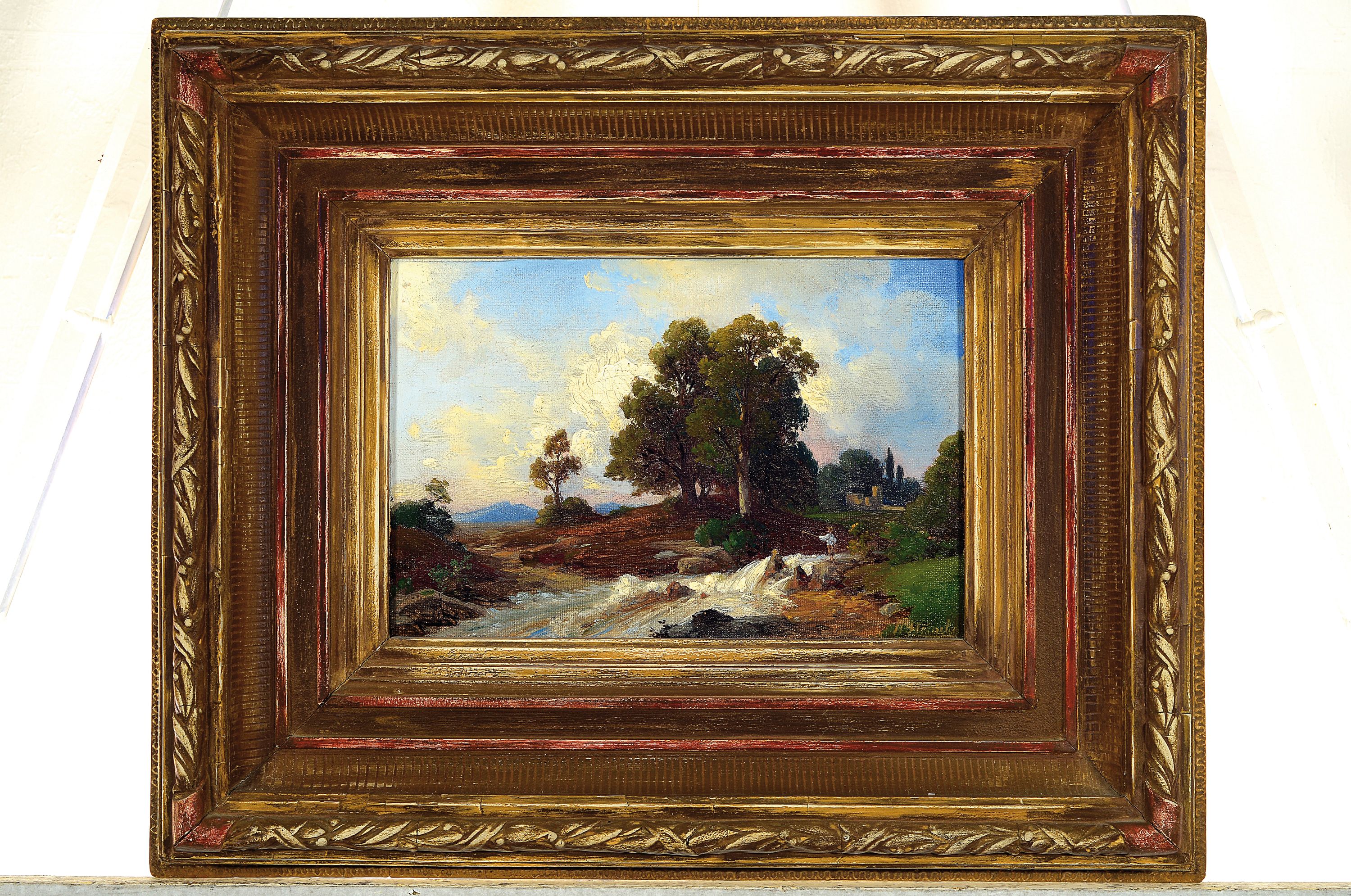 Detail k: H. Stracke o.ä., Künstler des ausgehenden 19. Jh., arkadische Flusslandschaft mit Angler, Öl/Lwd, rechts unten signiert, 18x26 cm, Prunkrahmen ...